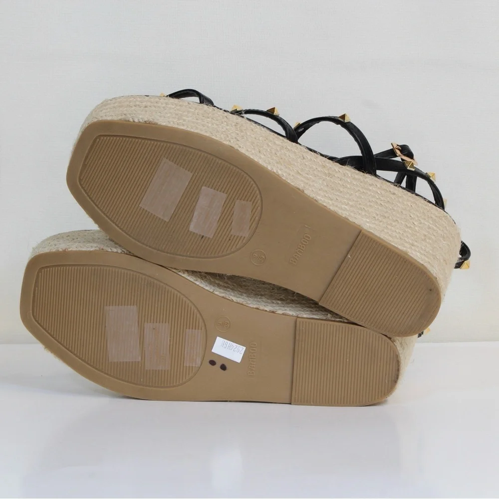 Bamboo Black Strappy Espadrille Studded Platform Gladiator Sandals NWOT